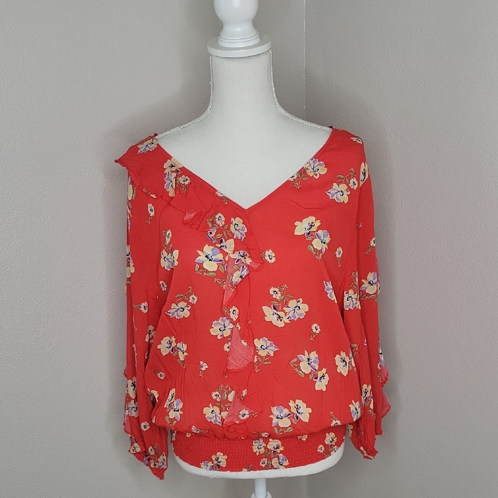 Democracy Red Floral Ruffle Blouse